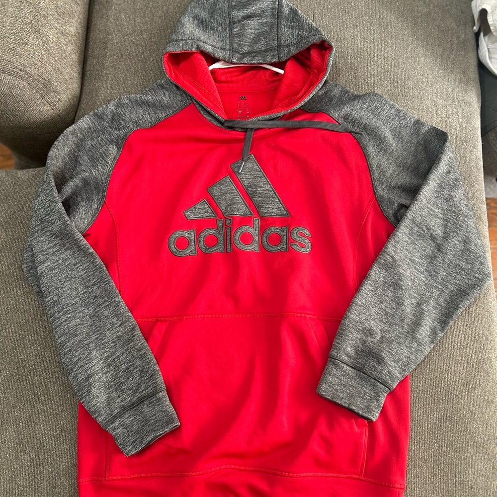 Adidas Men's Red and Gray Pullover Hoodie